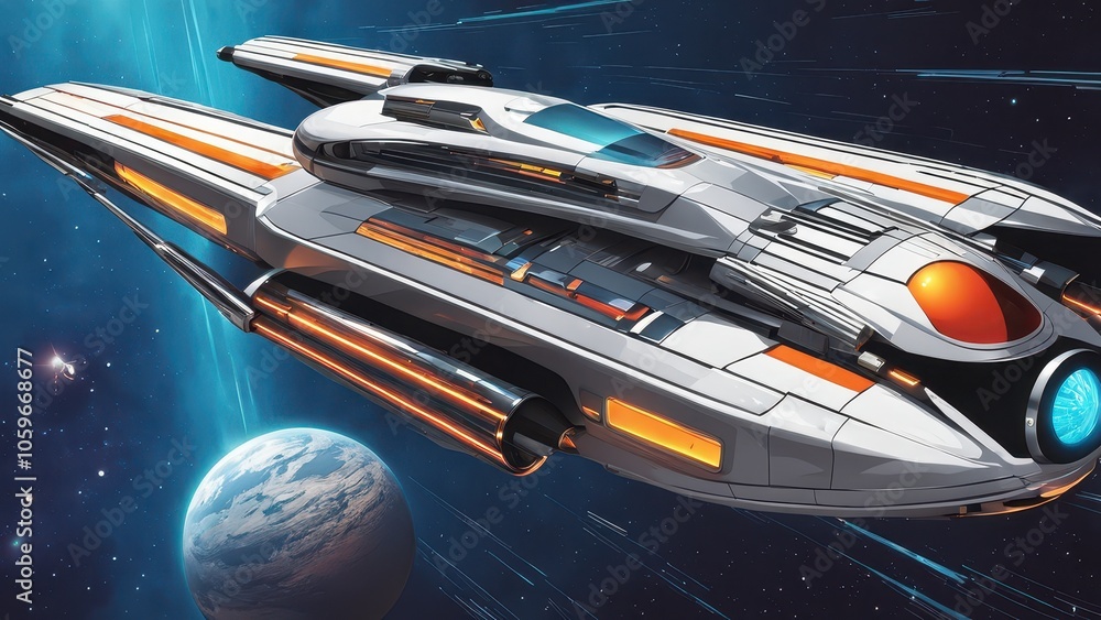 Poster a futuristic spaceship navigating through space near a planet.