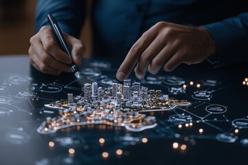 Naklejka premium Hands meticulously crafting a digital cityscape on a surface, symbolizing urban planning, innovation, and the future of cities in a digitally interconnected world.