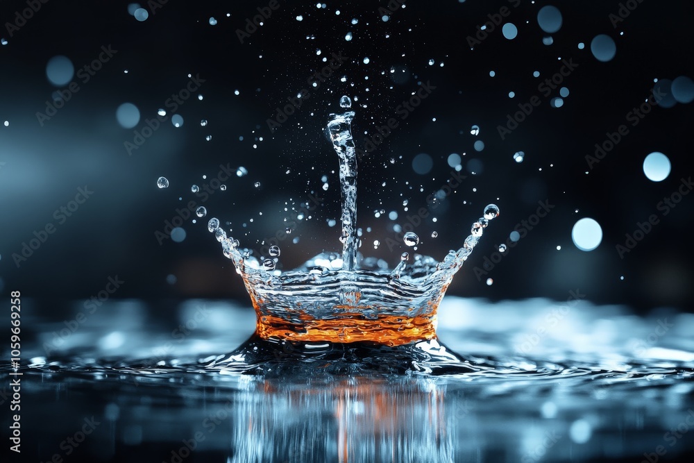 Poster an expressive depiction of a water splash in vibrant orange and blue hues with a captivating bokeh l