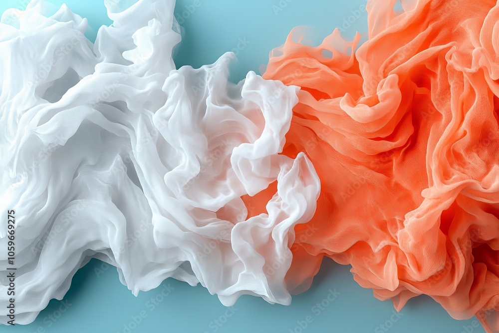 Poster this serene image showcases a gentle flow of white and orange fabric-like textures, intertwining to 