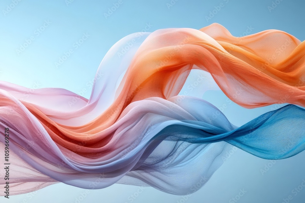 Poster soft, multicolored fabric waves elegantly flow across a serene sky backdrop, illustrating concepts o