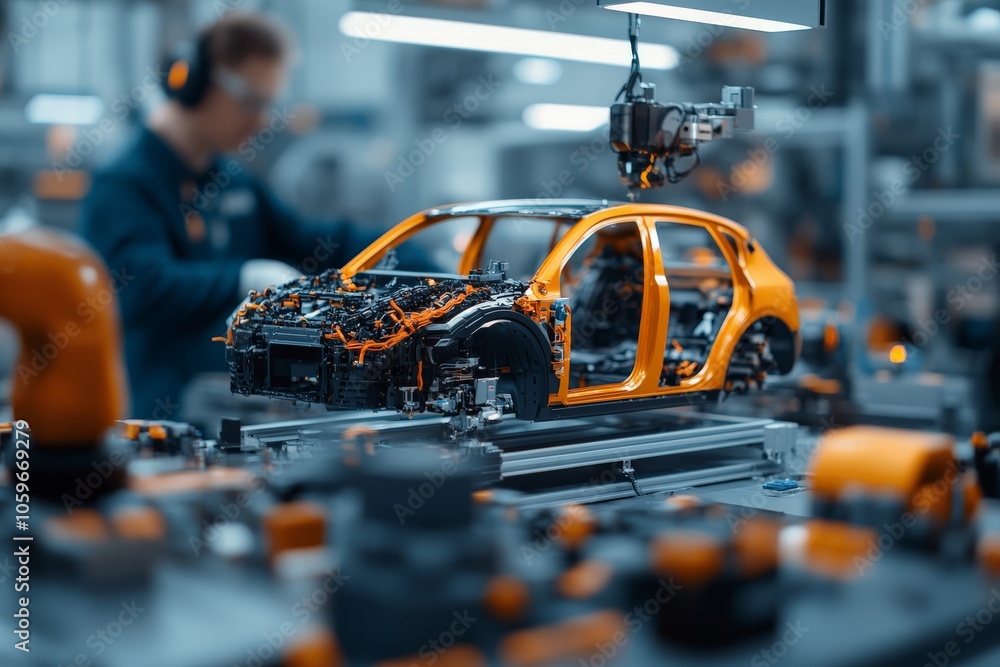 Poster this image depicts a high-tech automotive assembly line, featuring advanced robotic arms constructin