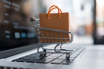 A miniature shopping cart placed on a laptop keyboard symbolizes the rise in online shopping trends and e-commerce platforms in the digital age.