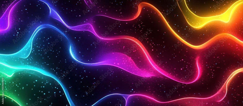 Poster abstract background with neon glowing wavy lines in rainbow colors on a dark background with sparkle