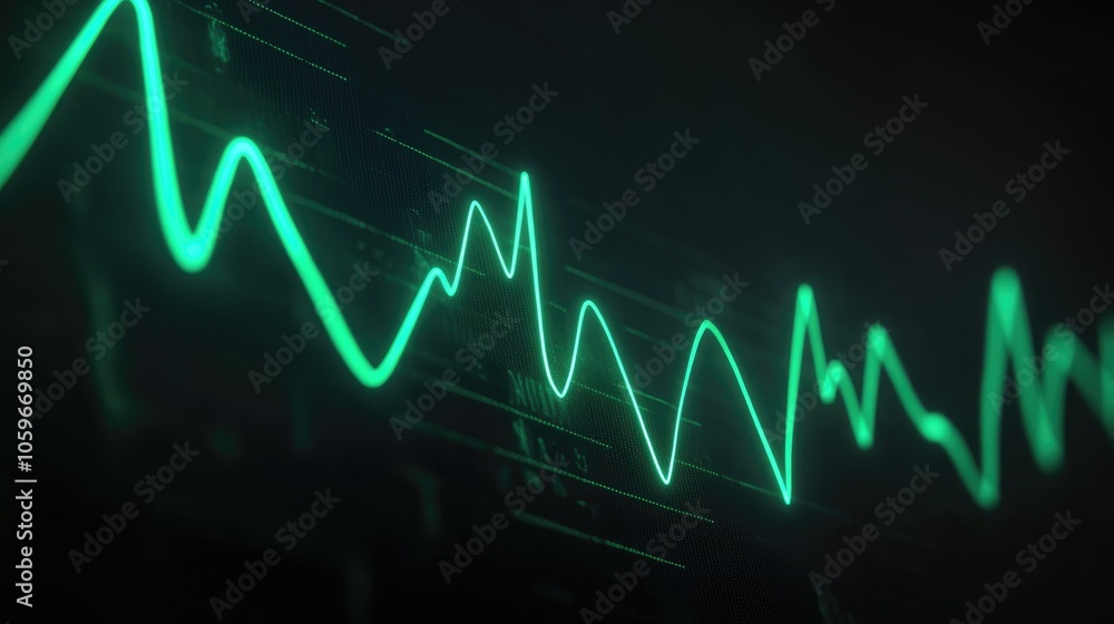 Poster green line graph on dark background visualizing data flow