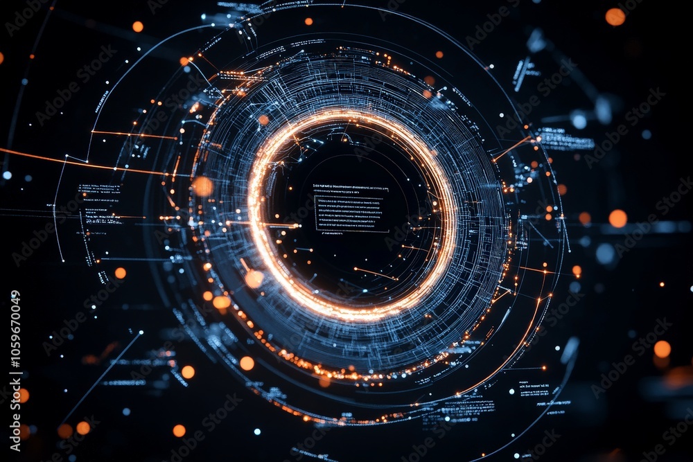 Poster a complex digital interface with a glowing circular pattern draws the eye, embodying technology and 