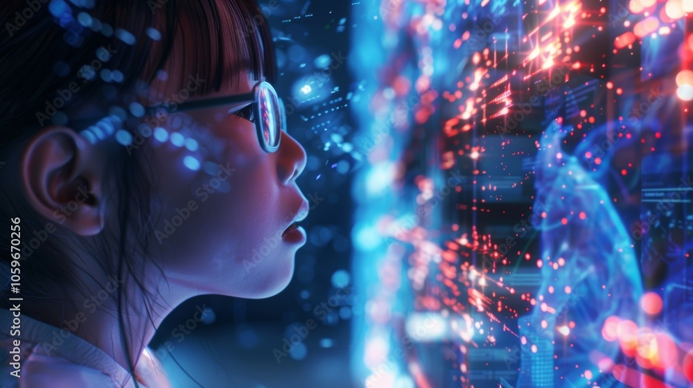 Poster young scientist wearing glasses observes a futuristic interface displaying complex data visualizatio