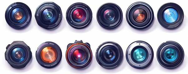 Multiple camera lenses arranged on a white background. Photography equipment, technology, and creativity.