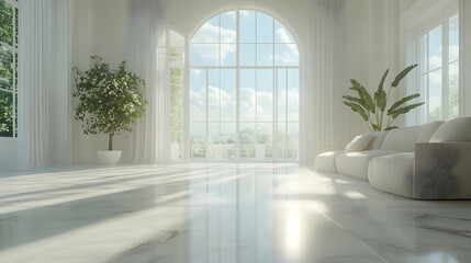 Fototapeta premium White Minimalist Living Room Interior Design with Large Windows and Marble Floor