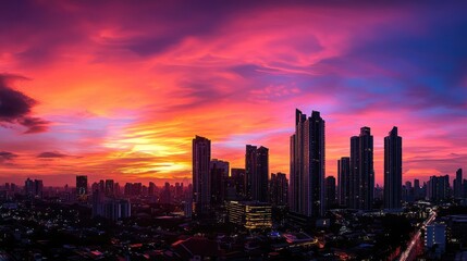 Fototapeta premium Vibrant City Skyline at Sunset with Dramatic Colors