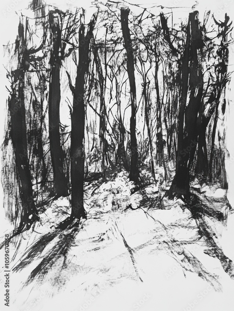 Poster a dense forest is portrayed with intricate details in trees and shadows, capturing a serene atmosphe