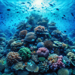 Fototapeta premium A vibrant underwater scene with colorful corals and various fish swimming around, showcasing the beauty of marine life