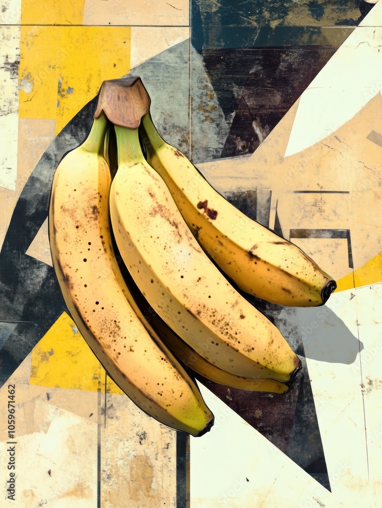 Poster a cluster of ripe bananas rests on a colorful, abstract geometric background featuring dynamic shape