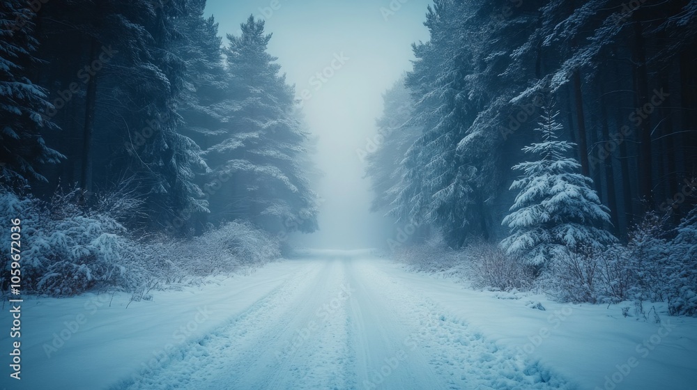 Poster a tranquil pathway covered in fresh snow winds through a dense forest, with tall trees shrouded in f