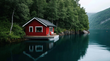 Obraz premium Scenic view of a red wooden cabin on a calm lake surrounded by lush green forest and hills reflecting on the water surface.