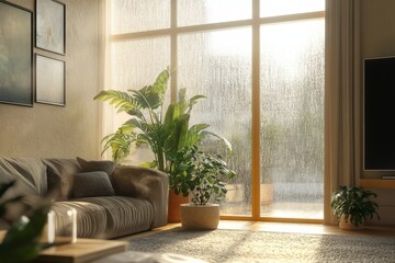 Cozy living room with large, foggy window and overwatered plants in a humid atmosphere