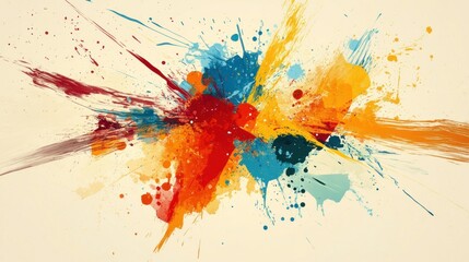 Fototapeta premium Abstract colorful paint splatters on a beige background.