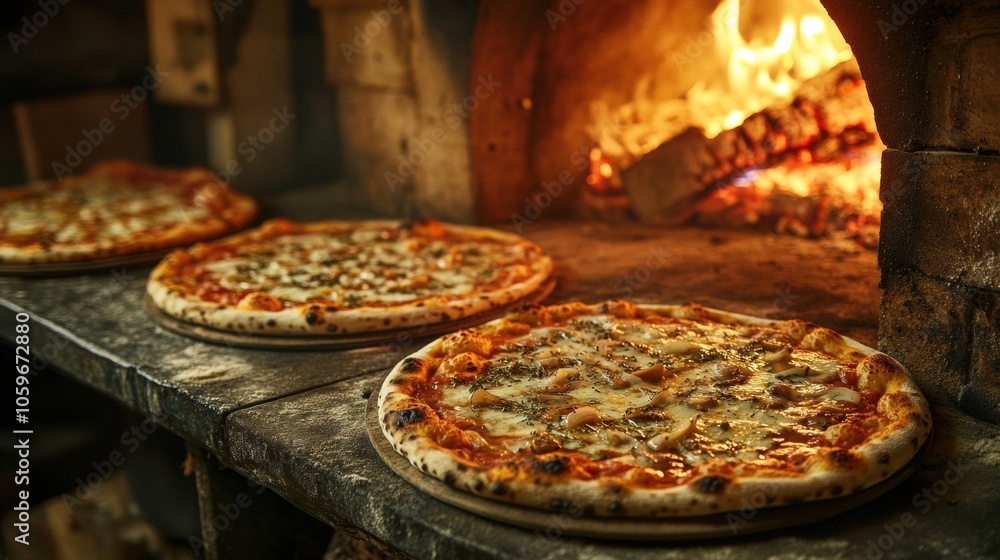 Aufkleber several freshly made pizzas are baking in a wood-fired oven, while flames dance around them, creatin