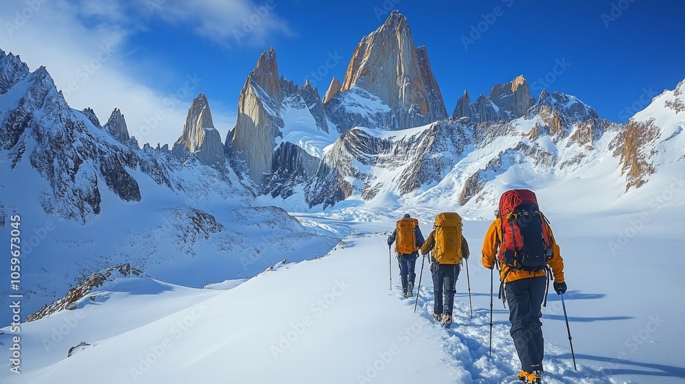 Poster a group of climbers makes their way across the pristine snow in torres del paine national park. towe
