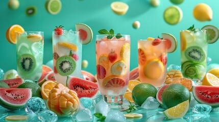 Fototapeta premium Assorted colorful fruit cocktail drinks with citrus slices fresh mint and ice cubes on a turquoise background Refreshing summer beverages for a party bar or healthy lifestyle