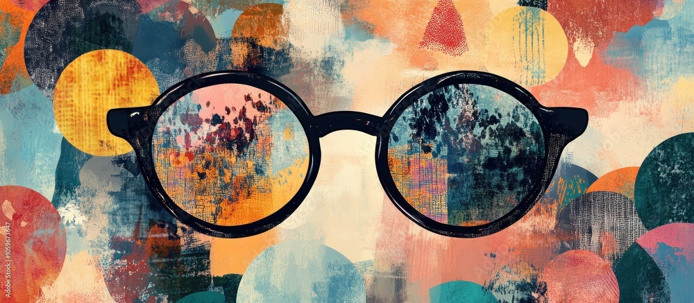Poster a pair of round glasses with black frames reflect an abstract painting of colorful circles, creating