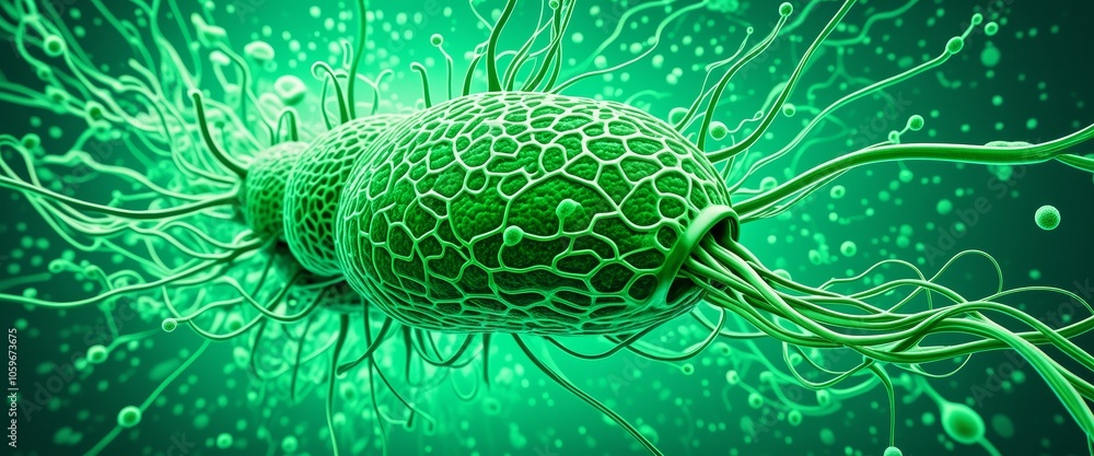 Poster futuristic microbial design: close-up of complex biological structure under magnification