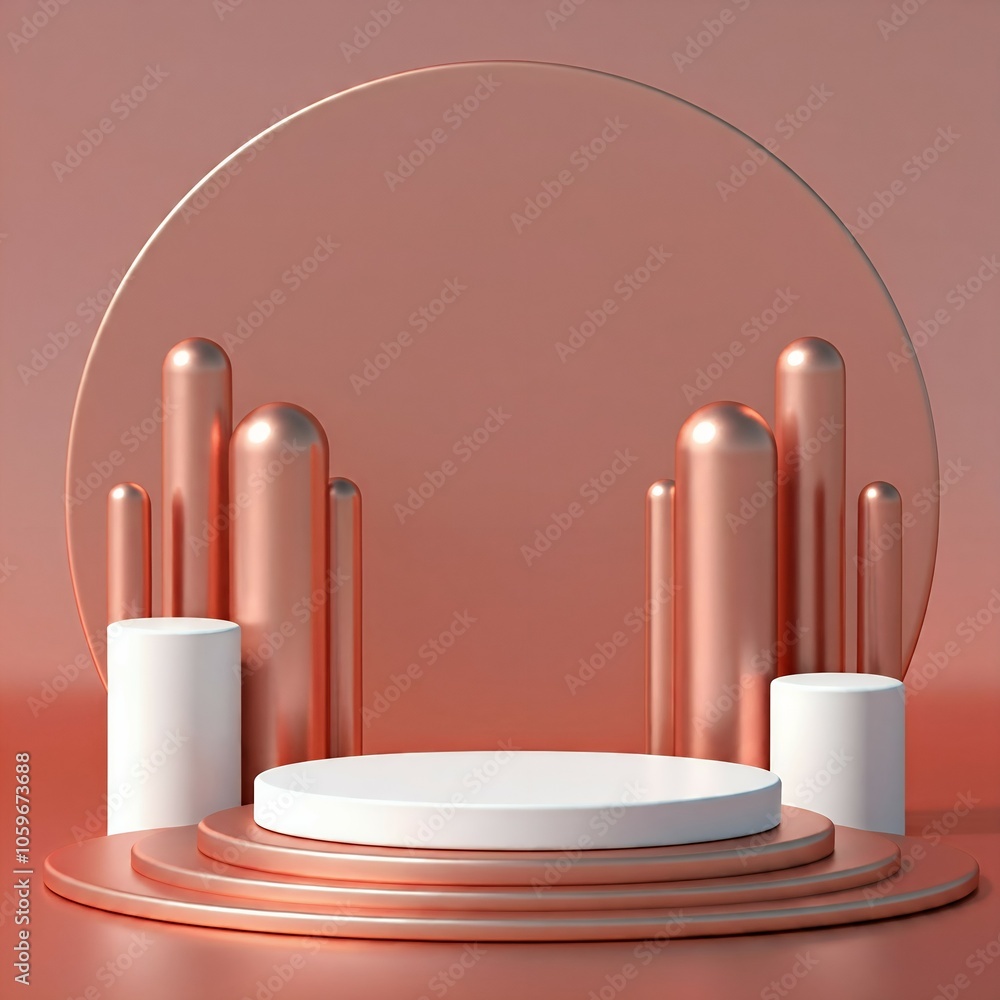 Poster an abstract 3d render of cylindrical shapes and a podium with a coral color palette.