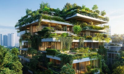 Modern city implements sustainable green building practices and encourages corporate buildings to reduce CO2 emissions by adopting eco friendly and green architecture