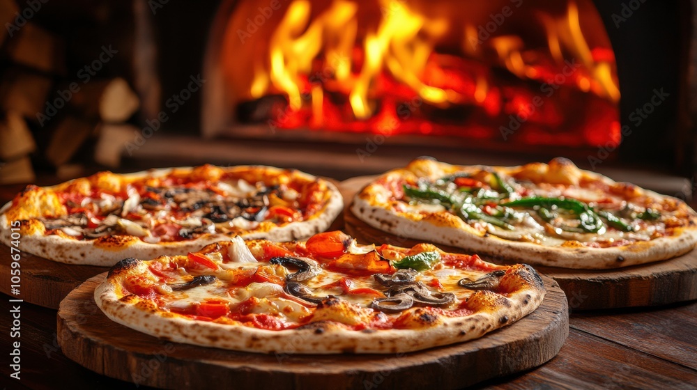 Aufkleber Several pizzas with vibrant toppings bake in a wood-fired oven, surrounded by glowing flames, creating an inviting atmosphere. Generative AI