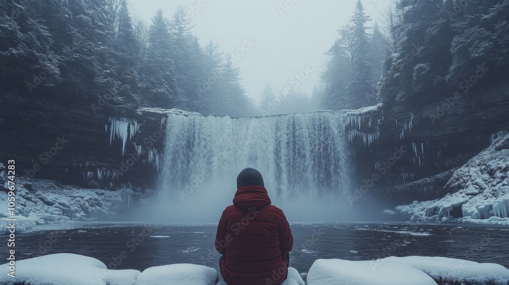 Poster a person sits quietly by a majestic waterfall during winter, surrounded by icy formations and toweri