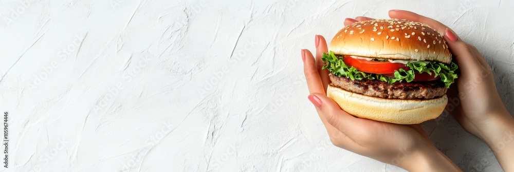 Poster a person is holding a sizable burger loaded with fresh ingredients, showcasing a colorful and appeti