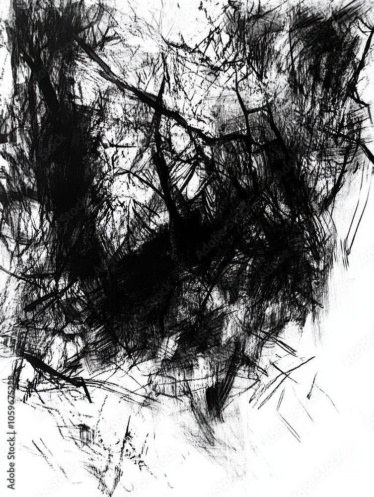 Poster This artwork features a detailed black ink representation of a dense forest, showcasing intricate tree details and deep shadows. Generative AI