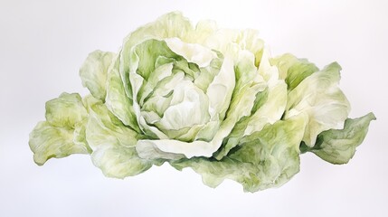 Obraz premium A beautifully crafted watercolor artwork features a fresh cabbage, displaying its layers and textures in soft green tones against a subtle backdrop