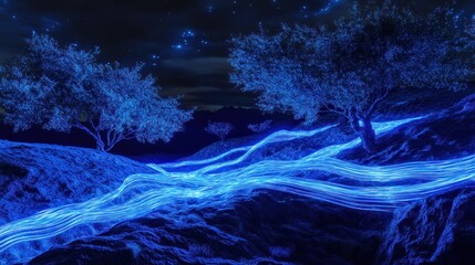 A night landscape with glowing blue lines flowing through a hilly landscape with trees.