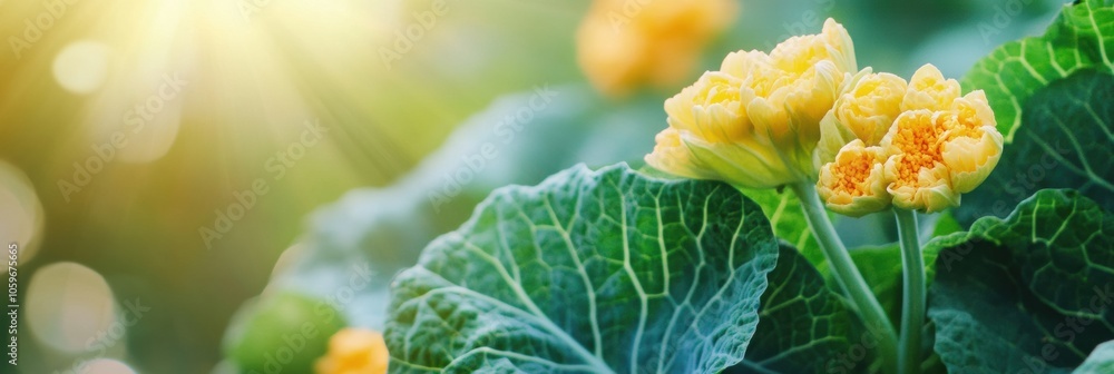 Poster bright yellow flowers bloom on cabbage and squash plants under soft sunlight in a flourishing garden