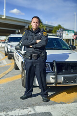 Man, portrait and police officer with arms crossed, outdoor and uniform for responsibility in city....