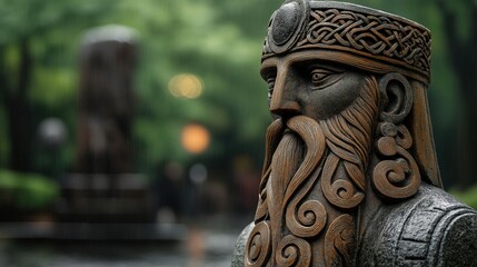 Stone sculpture of a bearded warrior with intricate carvings in an outdoor setting with blurred green background.