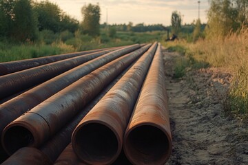 Rusted Pipes Lay on the Ground in an Overgrown Field Under a Golden Sunset Near a Construction Site