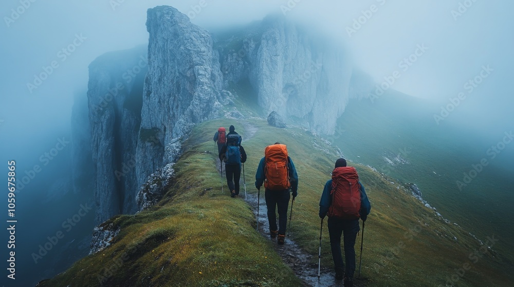 Poster a group of hikers makes their way along a narrow trail on a foggy mountainside. the morning mist env