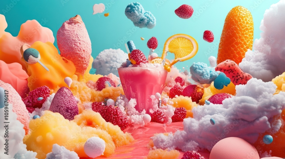 Aufkleber a vibrant and surreal scene with a milkshake surrounded by colorful and playful elements such as fru