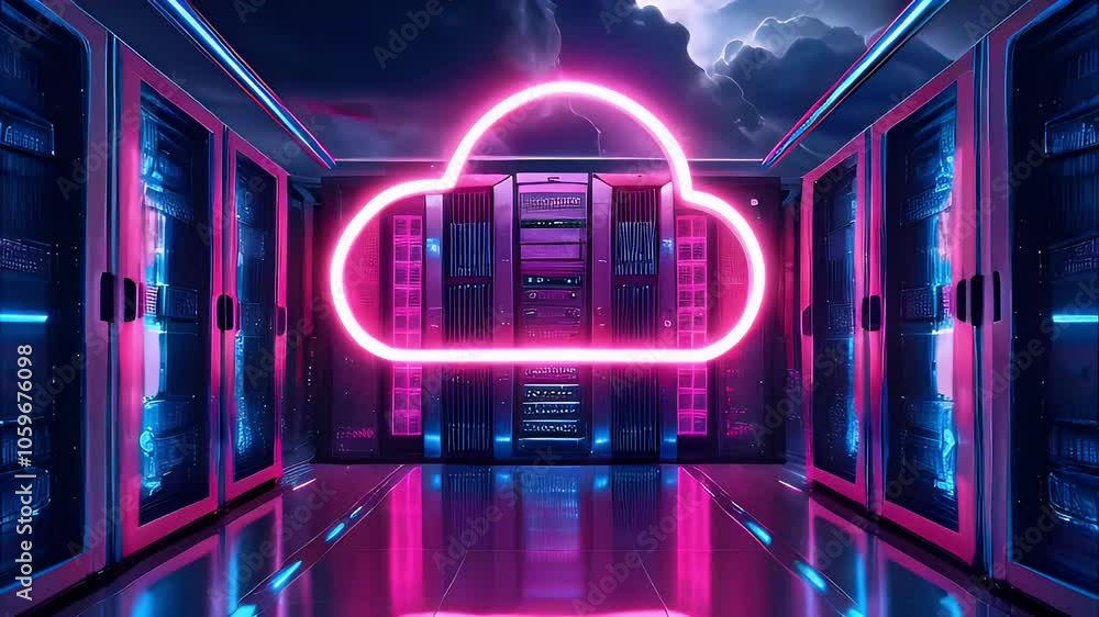Aufkleber rows of servers in a data center with a neon cloud symbol.