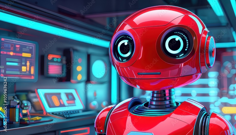 Poster a friendly red robot stands in a futuristic lab filled with technology and screens.