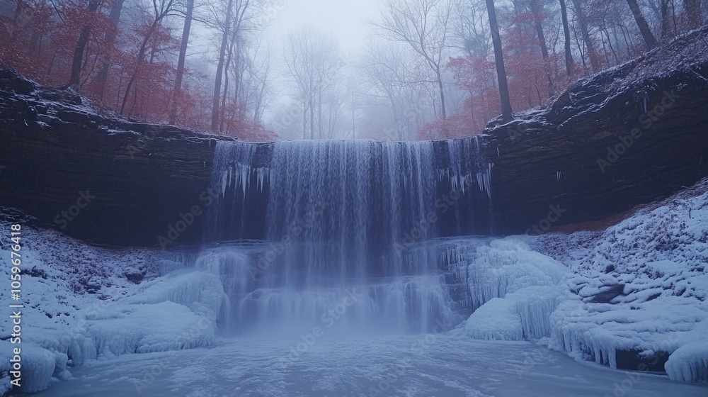 Poster The freezing water flows gently over the edge of a cliff, creating an icy curtain. Surrounding trees are bare, and snow blankets the ground. A soft mist hangs in the air.