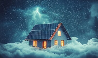 Renewable energy's low efficiency during bad weather is illustrated by solar panels above a house with storm clouds