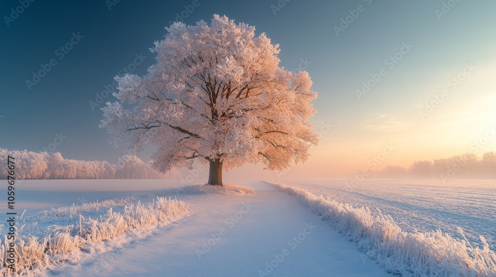 Aufkleber a solitary tree adorned with frost towers over a snowy path, illuminated by the gentle glow of sunri