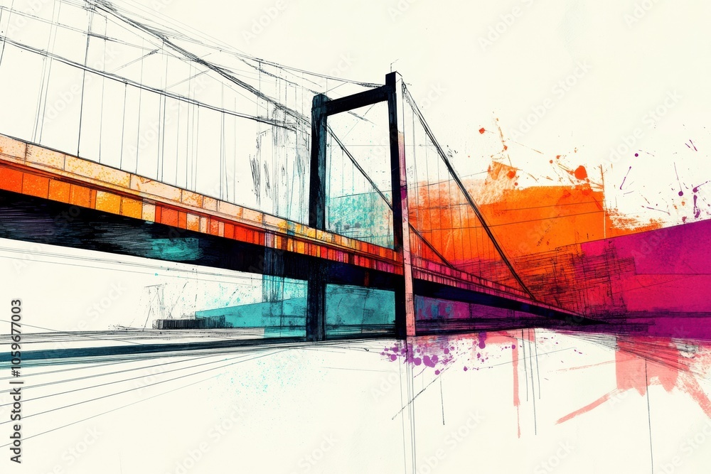 Poster this artwork presents a stylized interpretation of a bridge, featuring bold colors and dynamic lines