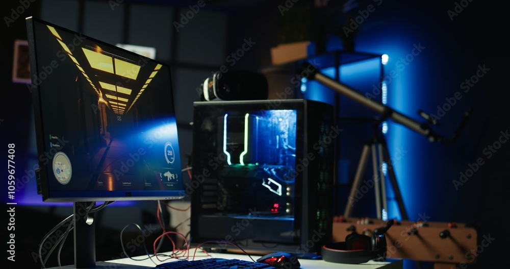 Poster panning shot of empty neon lit living room with rgb lit computer on table next to headphones and hig