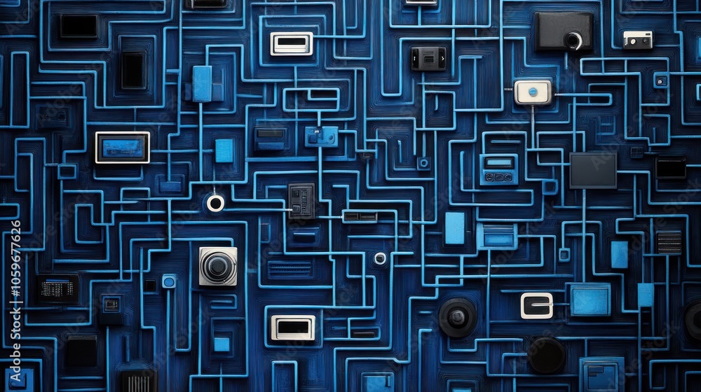 Poster abstract blue and black pattern of various small electronics connected by blue lines resembling circ