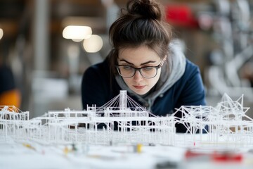 An architect deeply examines an intricate model of a bridge, highlighting precision and attention to detail, within an industrial-style workspace of modern design.