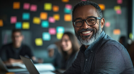 Fototapeta premium The collaborative energy of a modern workspace shines as a smiling person sits with the team brainstorming and colorful notes in the background.